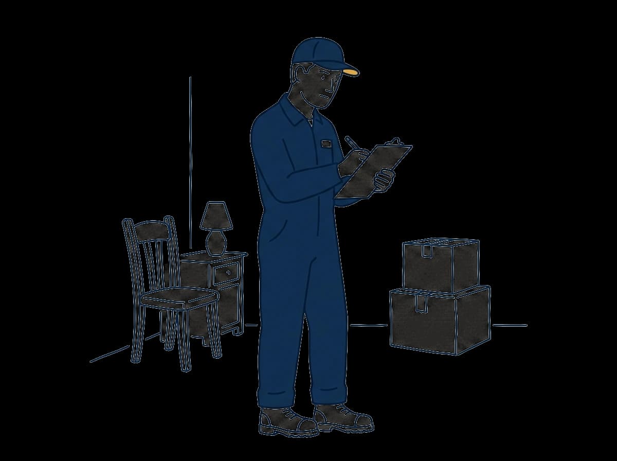 Worker documenting items in a damaged room with a clipboard and phone camera.