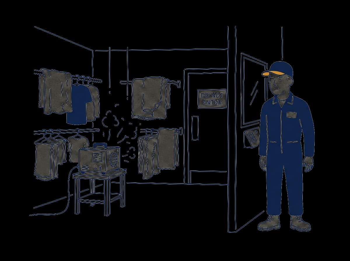An ozone deodorization chamber running with fabrics on hanging racks, no person in the room.