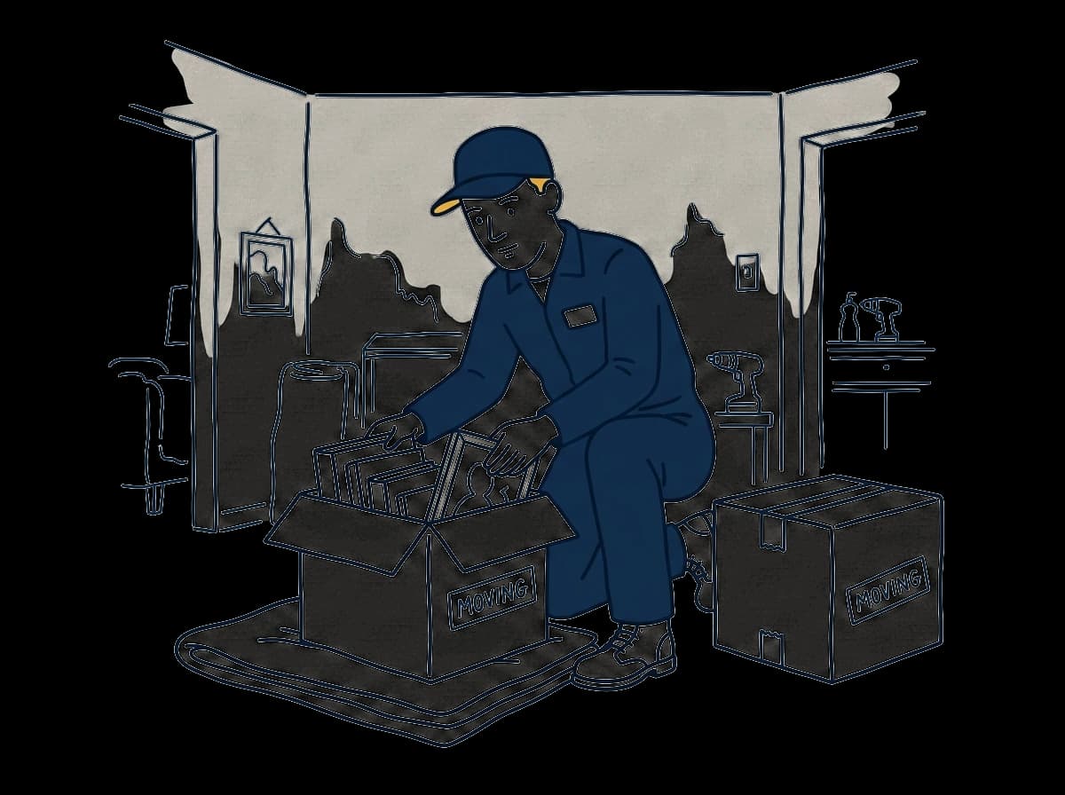 Worker boxing salvageable belongings inside a soot-darkened room.