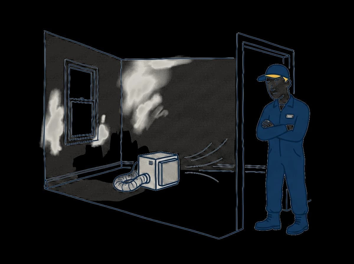 Industrial HEPA air scrubber running in an empty room mid-restoration.