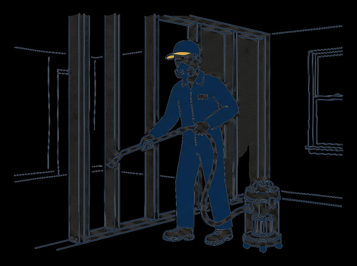 Worker HEPA-vacuuming exposed studs and stud bays.