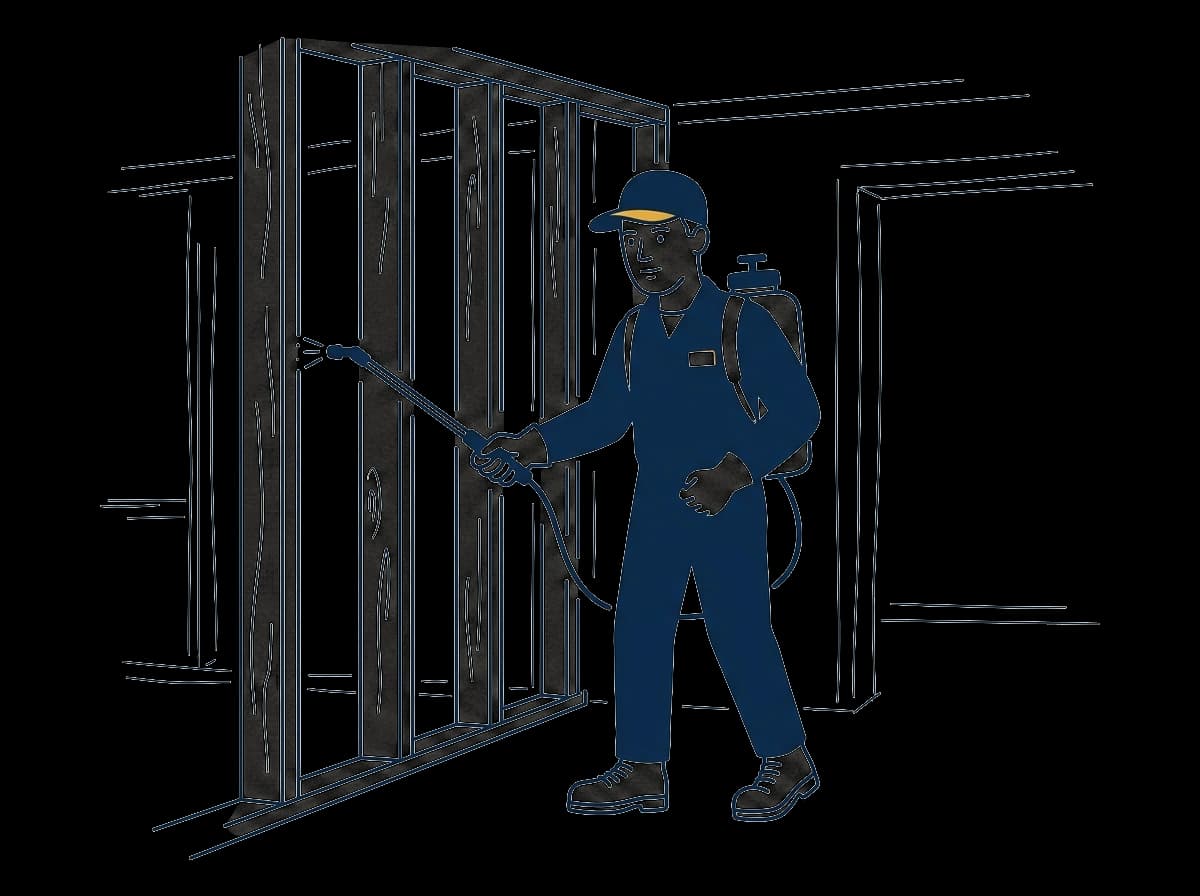 Worker spraying antimicrobial encapsulant on exposed wood framing.