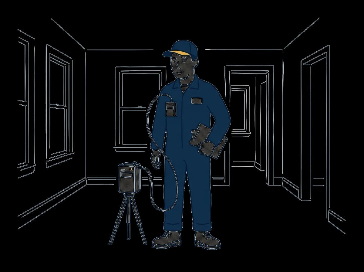Inspector taking an air-quality sample with a calibrated pump on a tripod in a clean room.