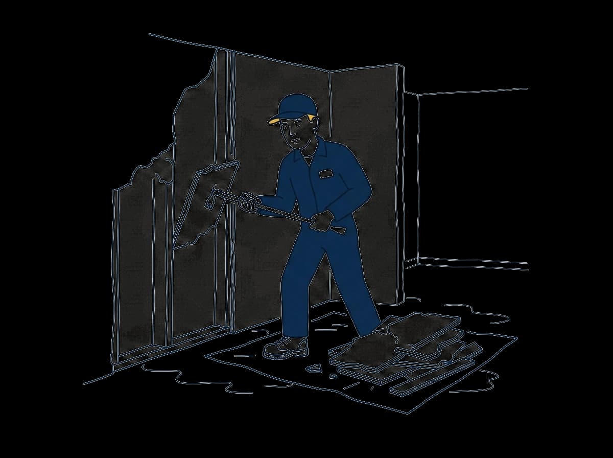 Worker removing wet drywall with a pry bar; debris piled on a tarp.