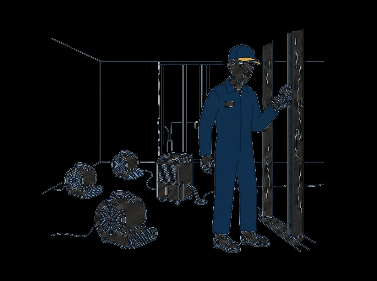 Air movers and a dehumidifier running on a dry floor while a worker reads a moisture meter.
