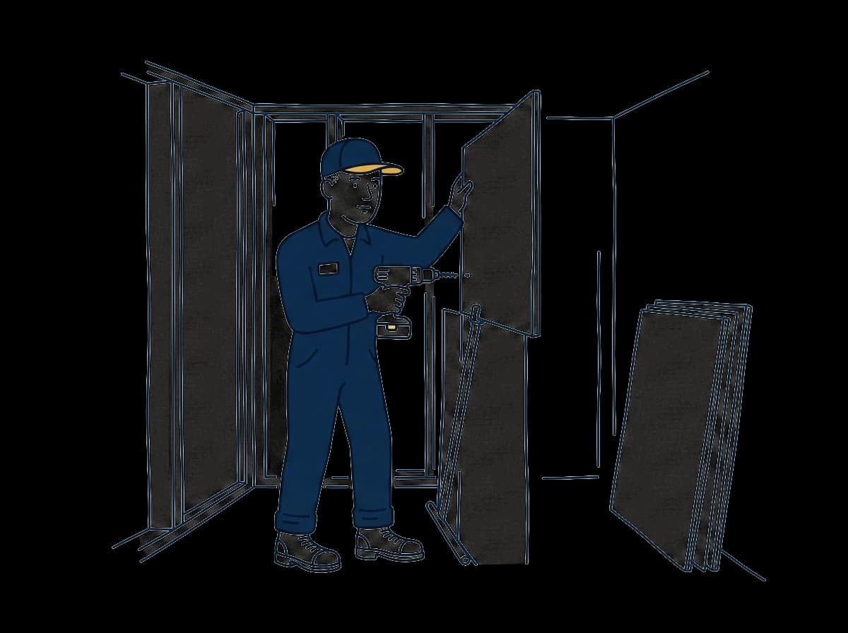 Worker installing a new sheet of drywall using a T-prop and a cordless screw gun.